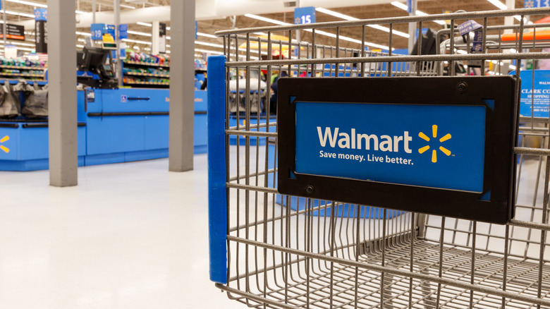 Walmart shopping cart and checkout lanes