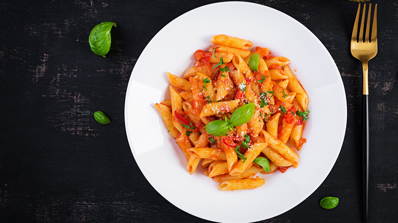 bowl of cooked pasta with fork