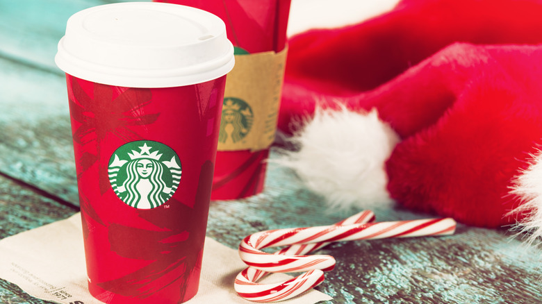 Starbucks holiday cups with candy canes