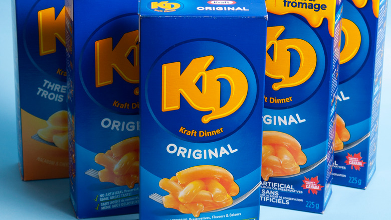 Blue boxes of KD Kraft Dinner