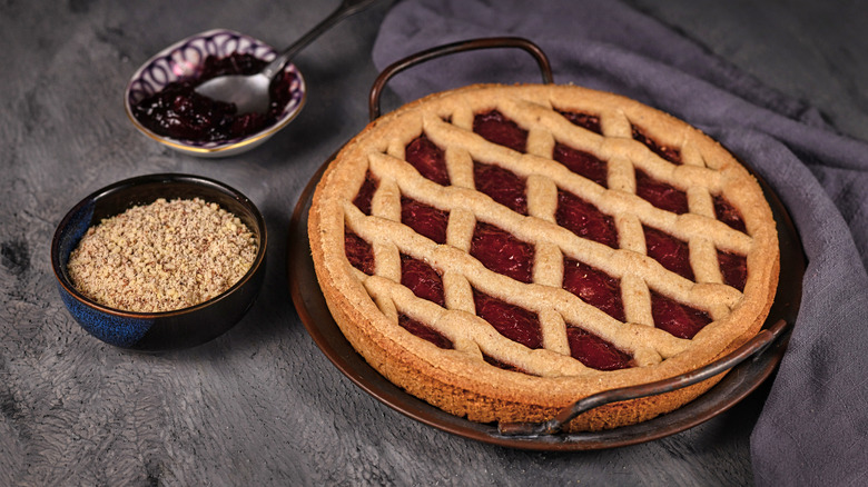 linzer torte on grey towel