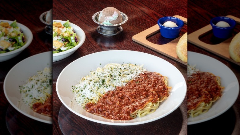 Pasta in a Bowl with salad and spumoni at The Old Spaghetti Factory