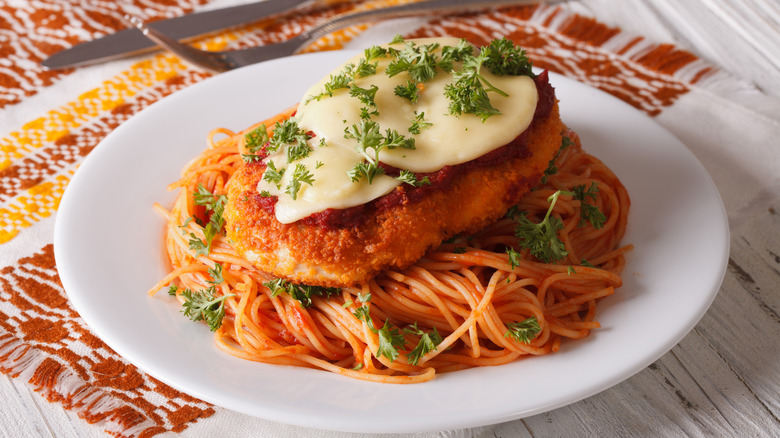 chicken Parmigiana on white plate