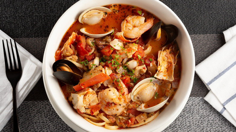 Cioppino in white bowl