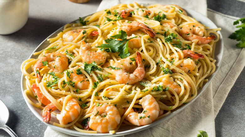 large dish of shrimp scampi