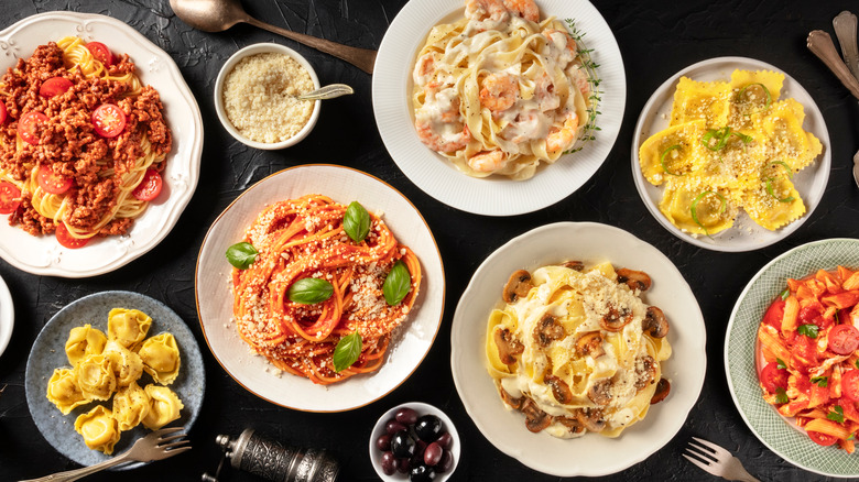 assortment of pasta dishes