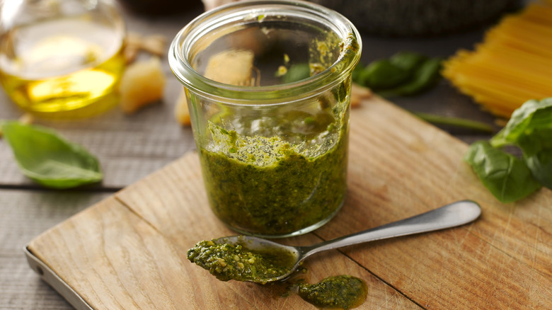 pesto in jar and spoon