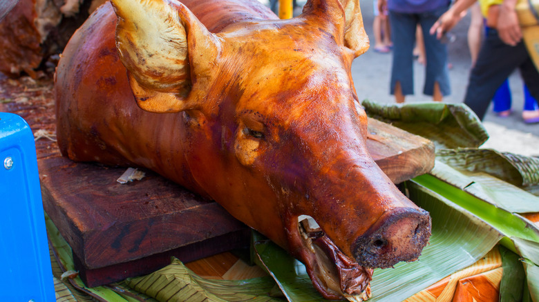 the head of a pig, roasted