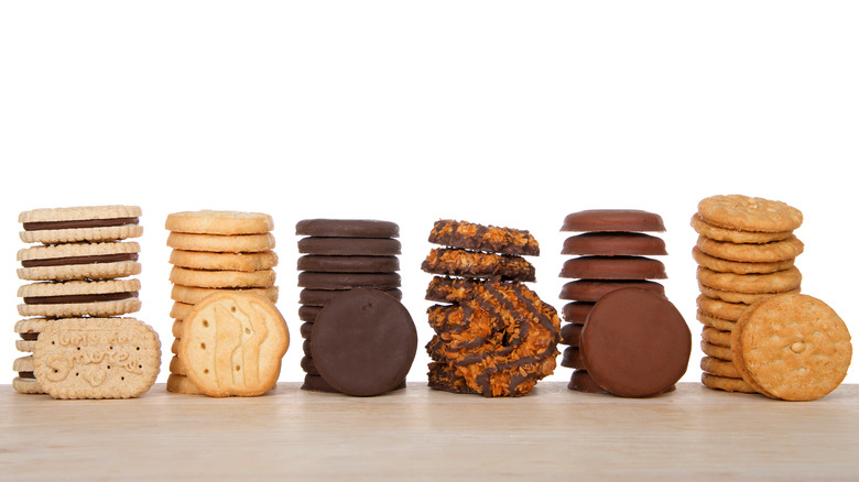 Stacks of girl scout cookies