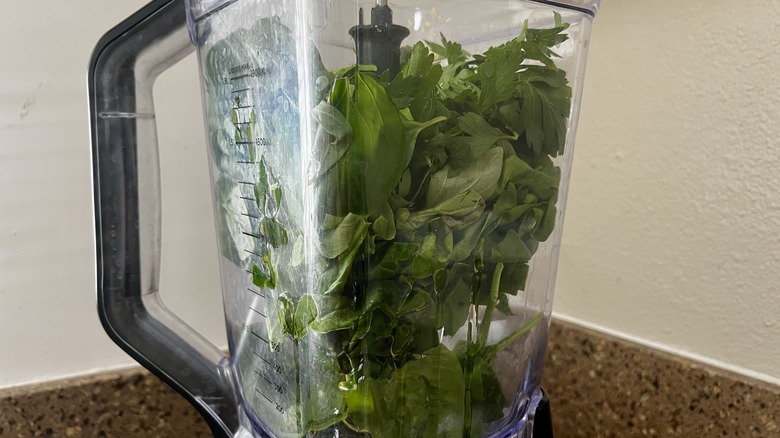 spinach and herbs in blender