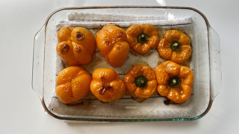 roasted peppers in baking dish