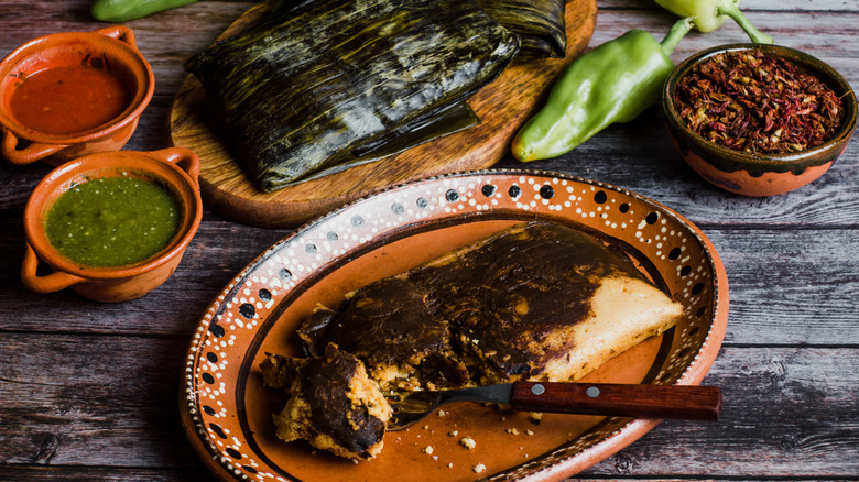 tamale with mole on top and salsa on side