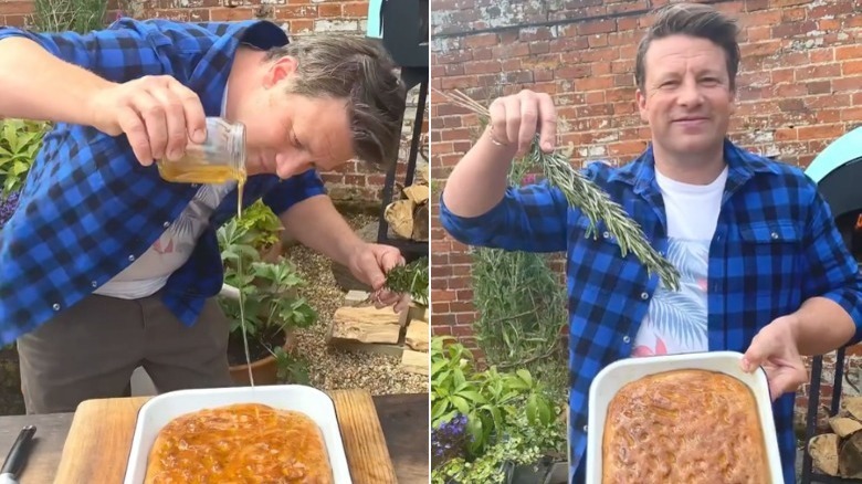 Jamie Oliver pouring honey and holding focaccia bread