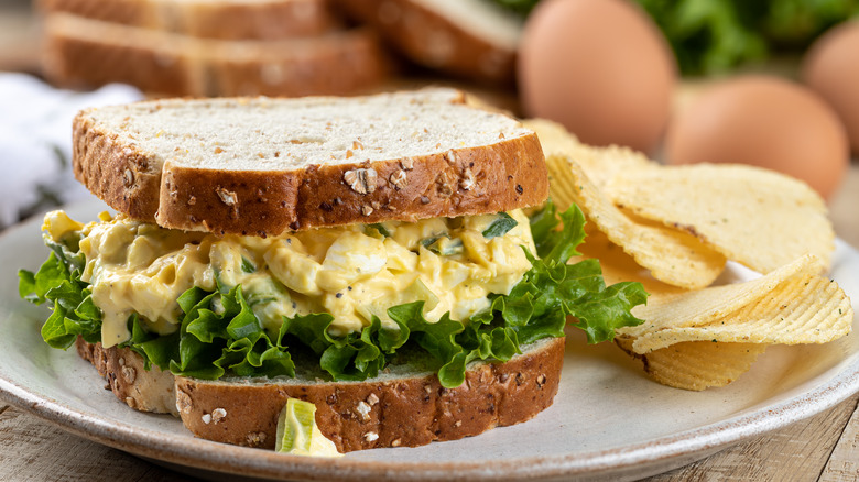 egg salad sandwich with potato chips