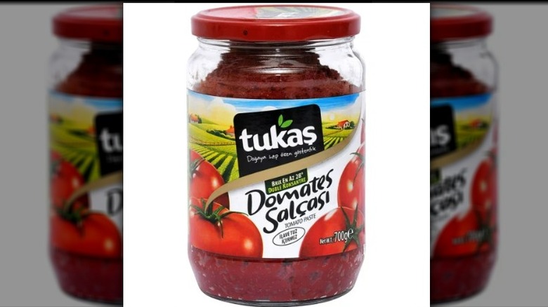 A jar of Tukas Premium Turkish Tomato Paste.