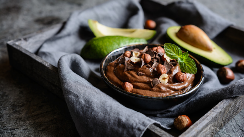 Chocomole mousse with halved avocados