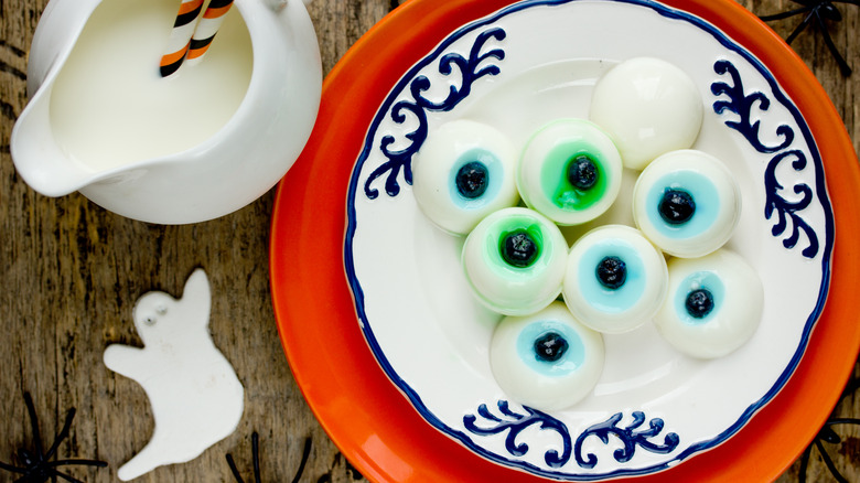 bowl of Jell-O eyeballs with blueberry pupils