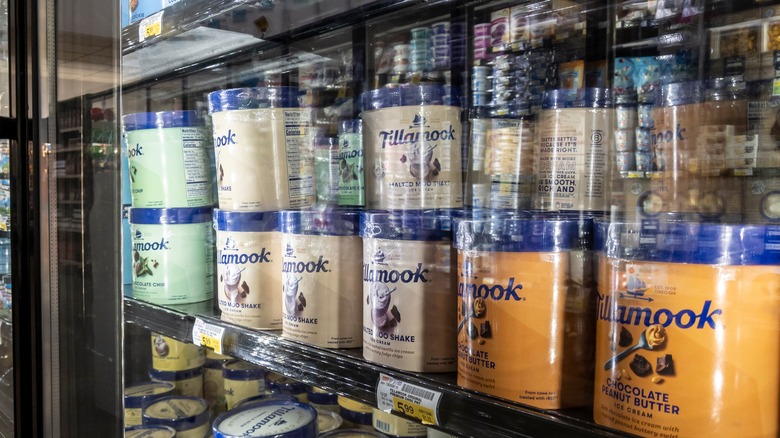 Tillamook ice cream lining frozen grocery aisle