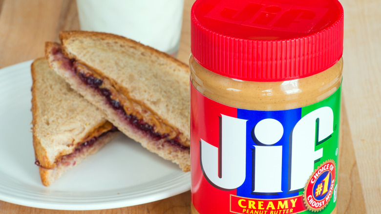 Close up of Jif peanut butter and PB&J sandwich