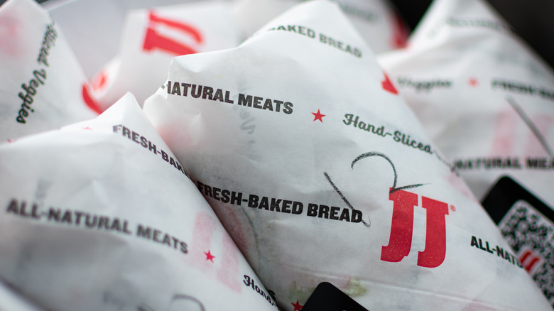 jimmy john's wrapped sandwiches stacked