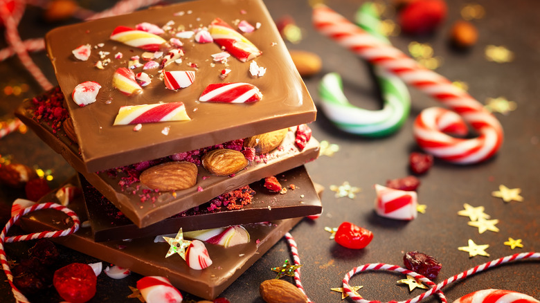 Peppermint bark with peppermint, nuts, and fruit