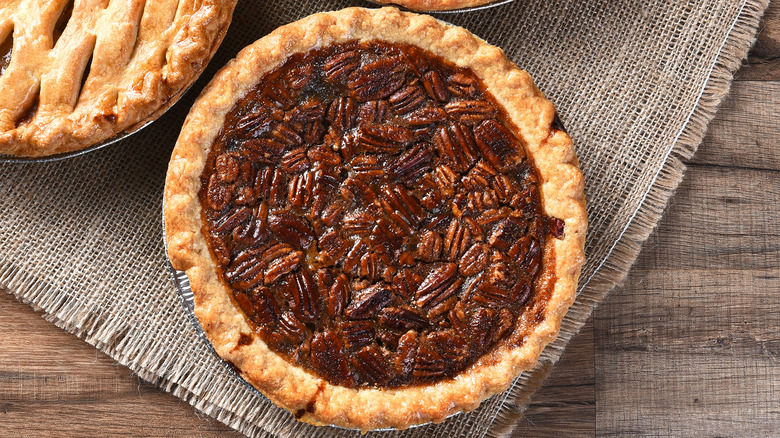 Pecan pie on wood table