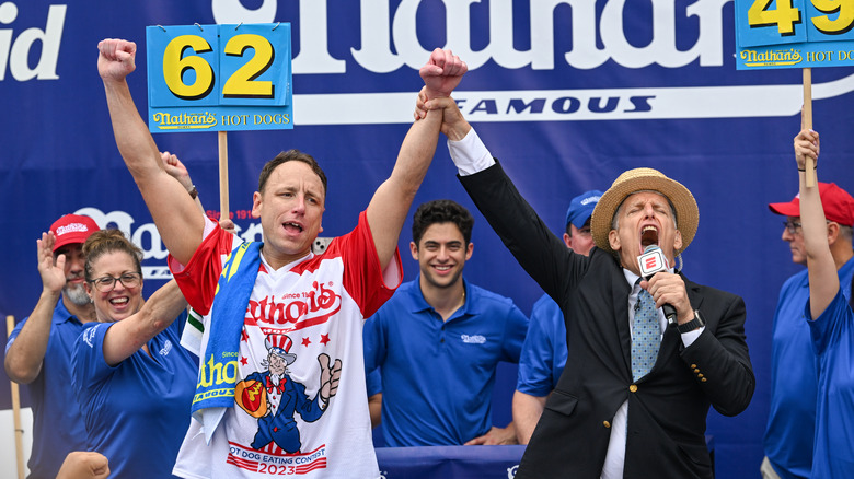 Joey Chestnut celebrates contest victory