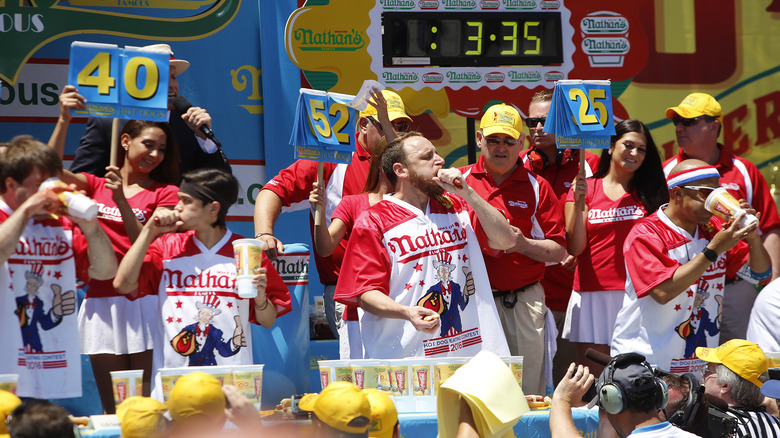 Joey Chestnut eating hotdogs