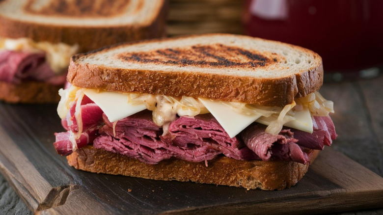 Corned beef sandwich on wooden board