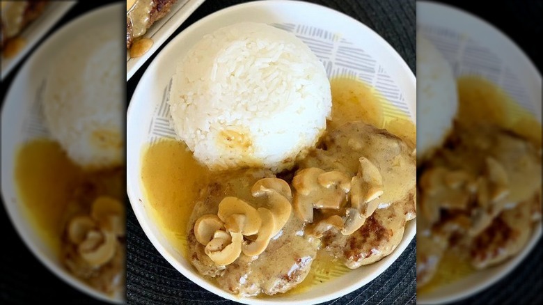 Jollibee Burger Steak with mushroom gravy and side of rice