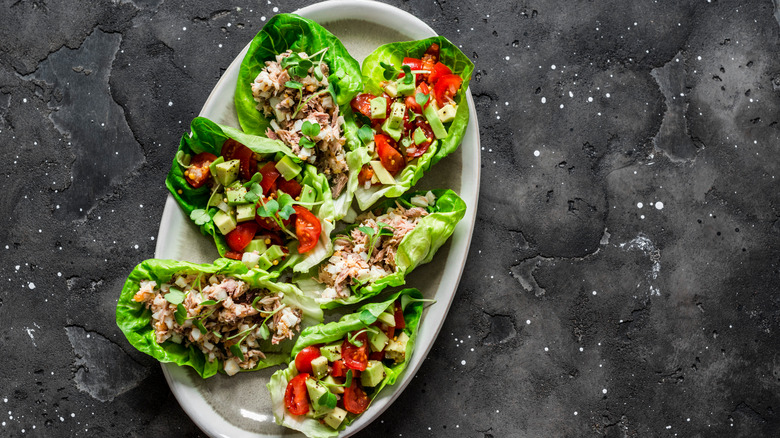 tuna, avocado, tomato lettuce cups