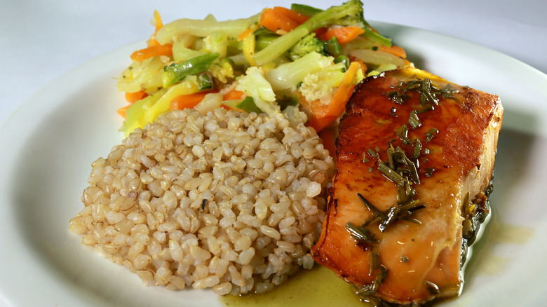 salmon, vegetables, and rice