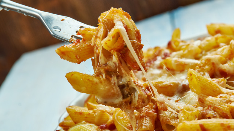 fork with cheesy baked ziti