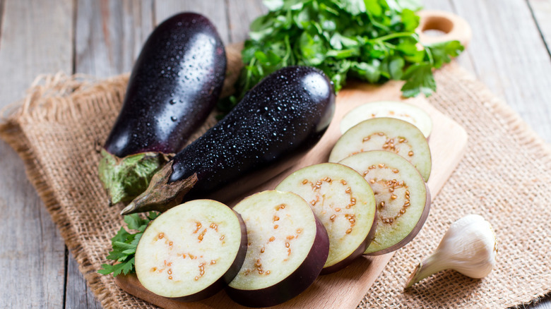 Sliced eggplant on burlap