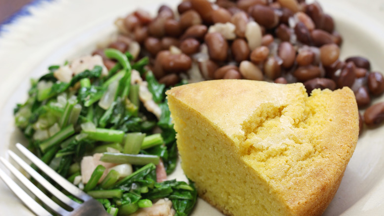 Plate of beans and greens with corn bread