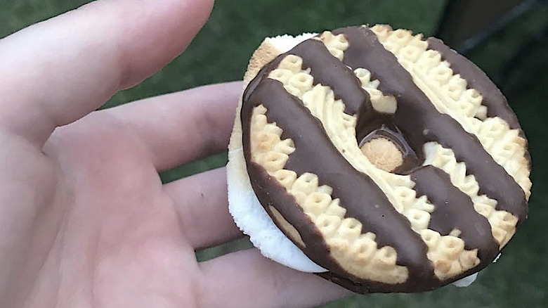 Holding a Fudge-striped S'mores