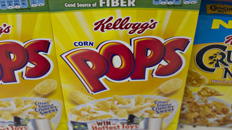 Close-up shot of boxes of Corn Pops cereal