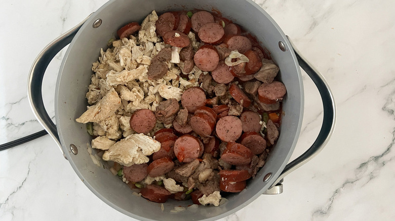 chicken and sausage in pan