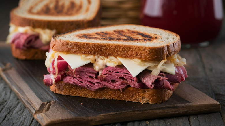 Reuben sandwich on wooden board