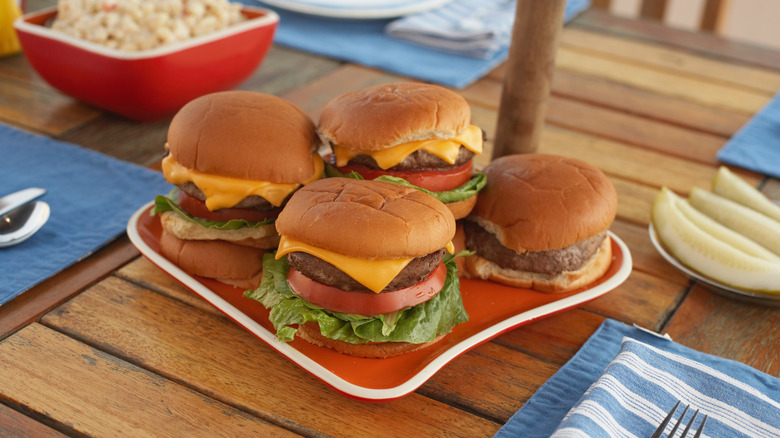 Four burgers are arranged on a plate on a picnic table in pleasant natural light.