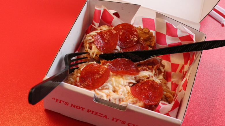 KFC chizza box with plastic utensils