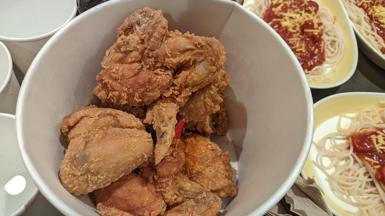 A bucket of crunchy chicken from Jollibee