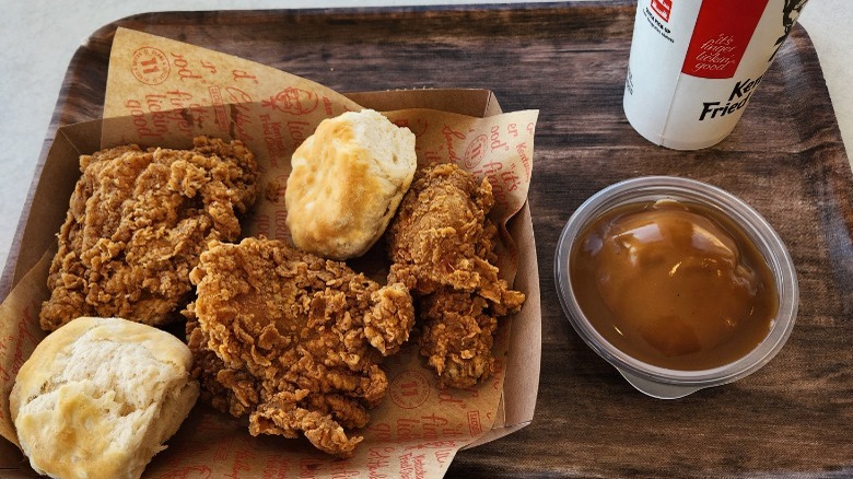 kfc chicken biscuits soft drink mashed potatoes and gravy