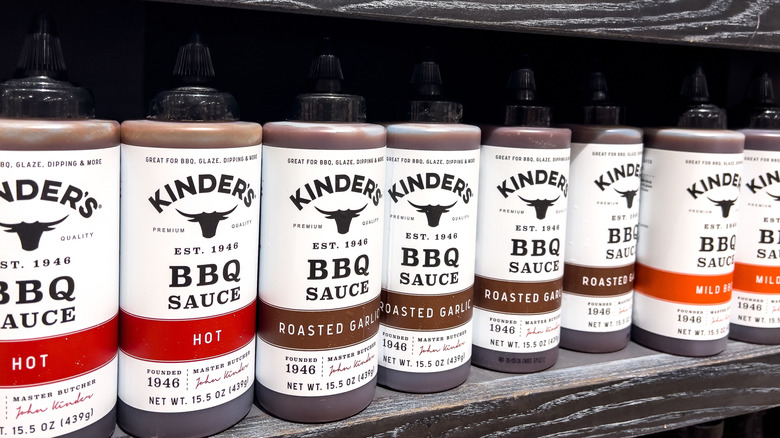 Bottles of Kinder's barbecue sauces on store shelf