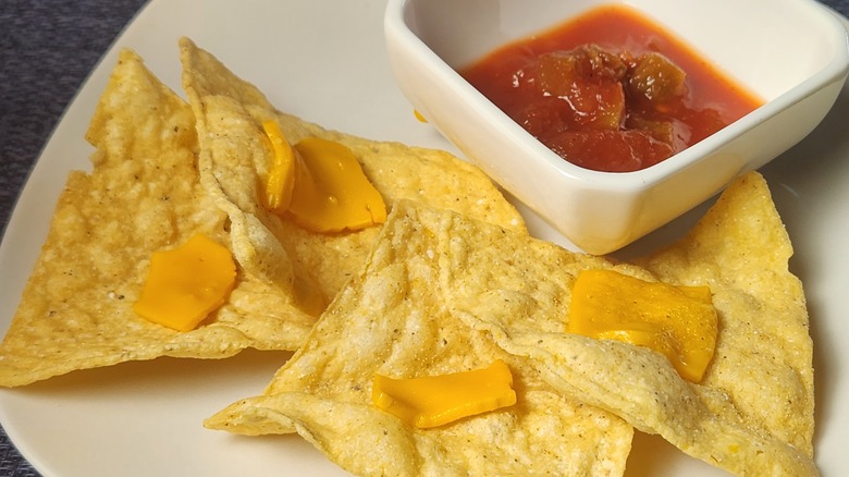 nachos with cheddar NotCheese and salsa