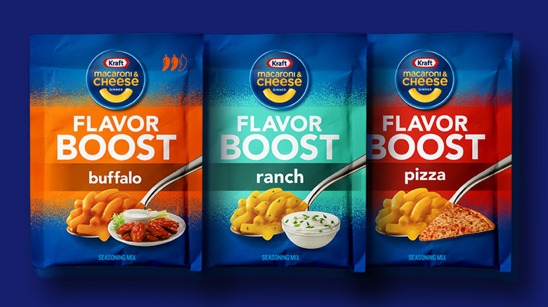 Three flavors of Kraft mac and cheese flavor boost packets