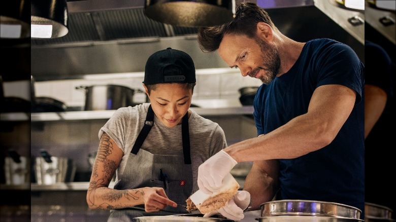 Kristen Kish, Joel McHale in the kitchen