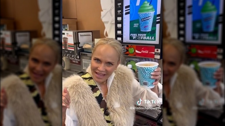 Kristin Chenoweth holding a Slurpee