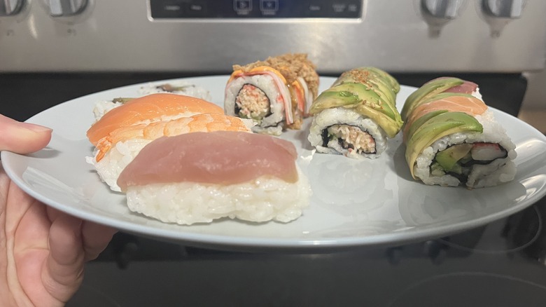 closeup of plated sushi selection