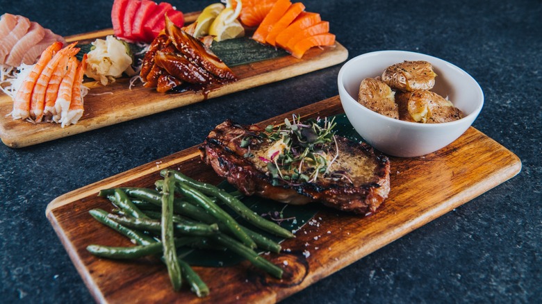 Food on wooden boards